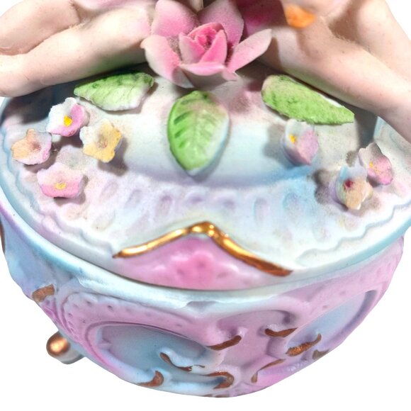 Vintage Norleans Footed Cherub Musi Porcelain Bisque Jewelry Trinket Dresser Box - Picture 6 of 13